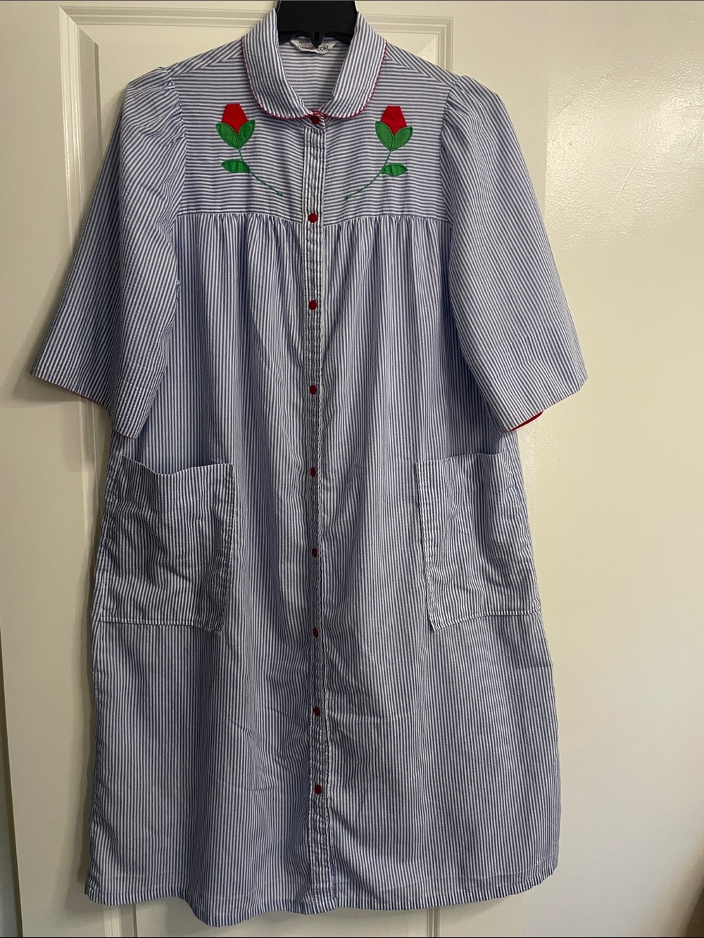 Models Coat Vintage Snap Front House Dress Robe Duster Blue Stripes 70s Sz Large